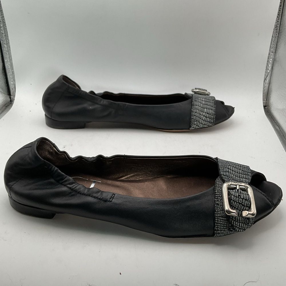 AGL ladies ballet flats shoes 38 1/2 us 8 1/2 black silver peep toe leather chic - Picture 5 of 13